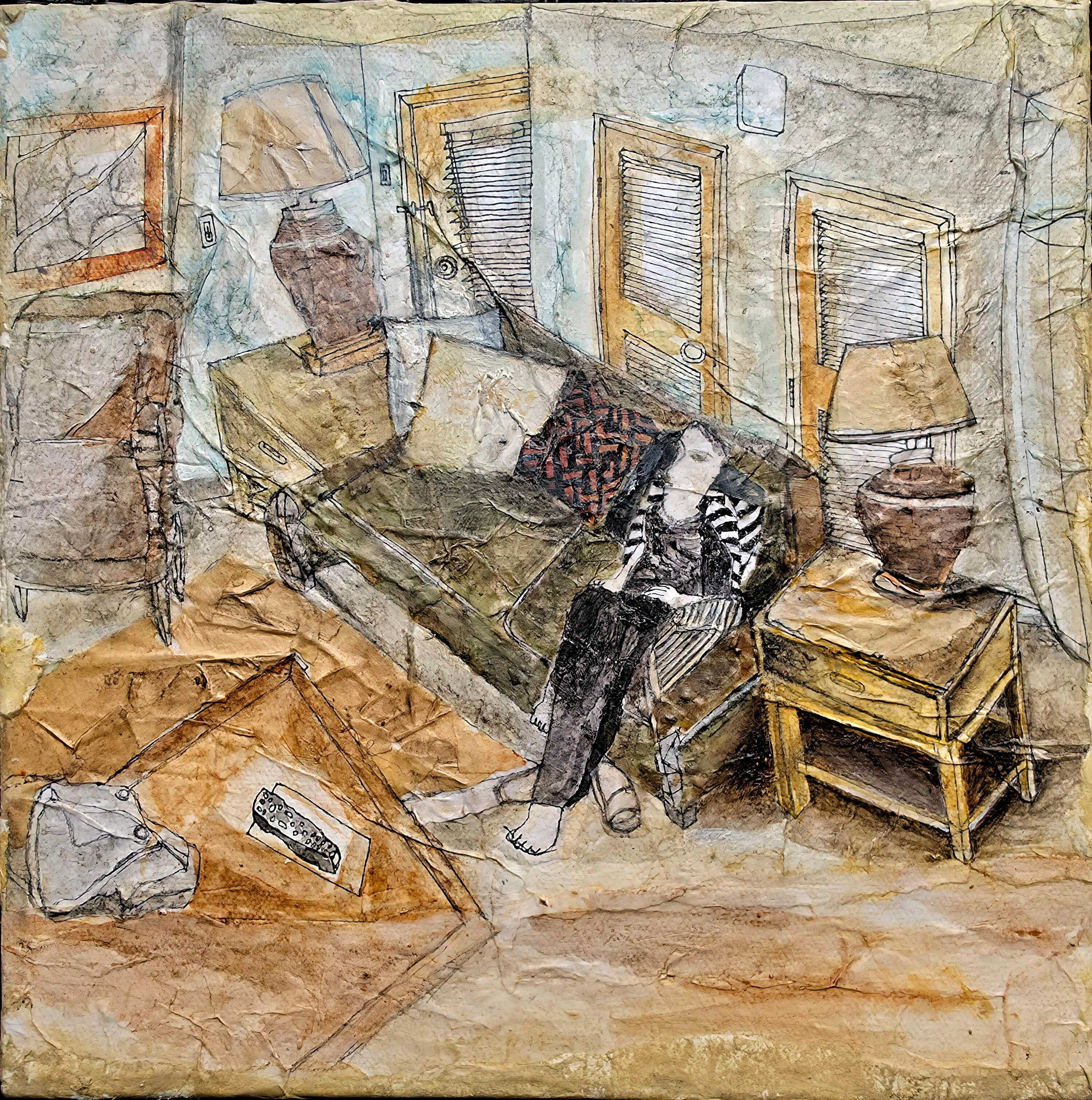 Quiet Between Us Mixed-media artwork depicting an interior room with a seated figure.